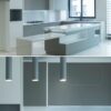 کابینت آشپزخانه وست لند، جزیره سفید با چراغ‌های آویز در دو نما