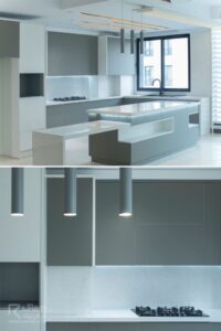 جزیره و کابینت مدرن با روکش هایگلس خاکستری