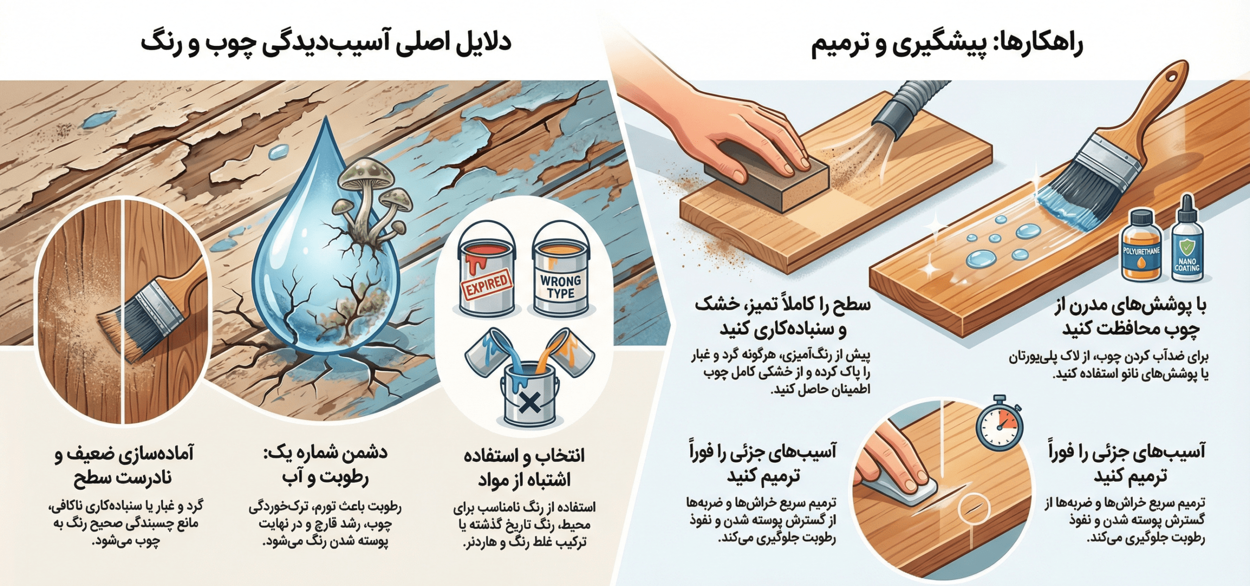 اینفوگرافیک راهکارهای پوستهشدن رنگ درب چوبی