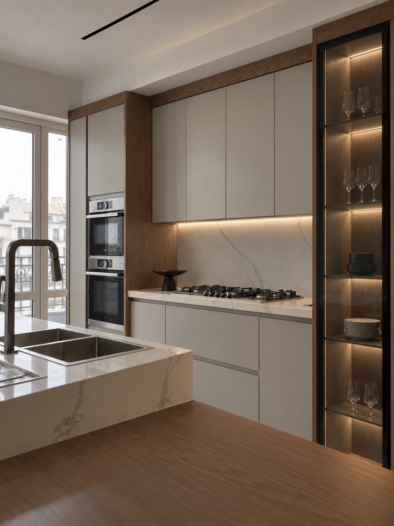 کابینت آشپزخانه مدرن طوسی و چوب وارم‌لند