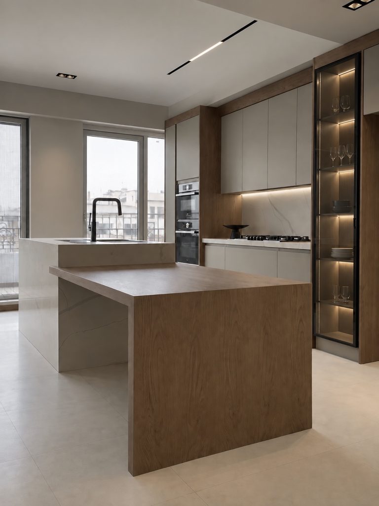 کابینت آشپزخانه مدرن طوسی و چوب وارم‌لند