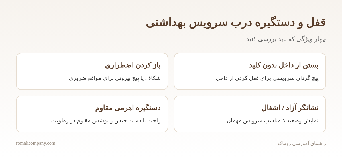 اینفوگرافیک ویژگیهای قفل و دستگیره درب سرویس بهداشتی